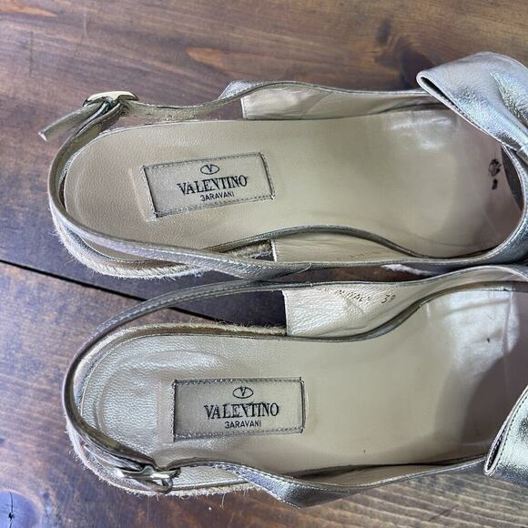 Valentino Metallic Silver Pewter Leather Bow Wedge Espadrille Sandals EU 39 8.5 - Picture 5 of 15